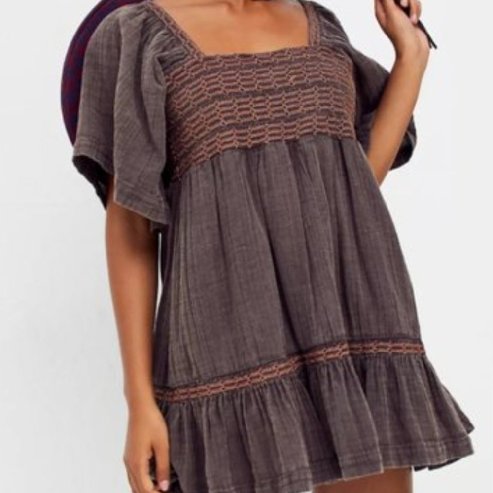 COPY - FREE PEOPLE Brown Pink Easy To Love Bubble Mini Dress S